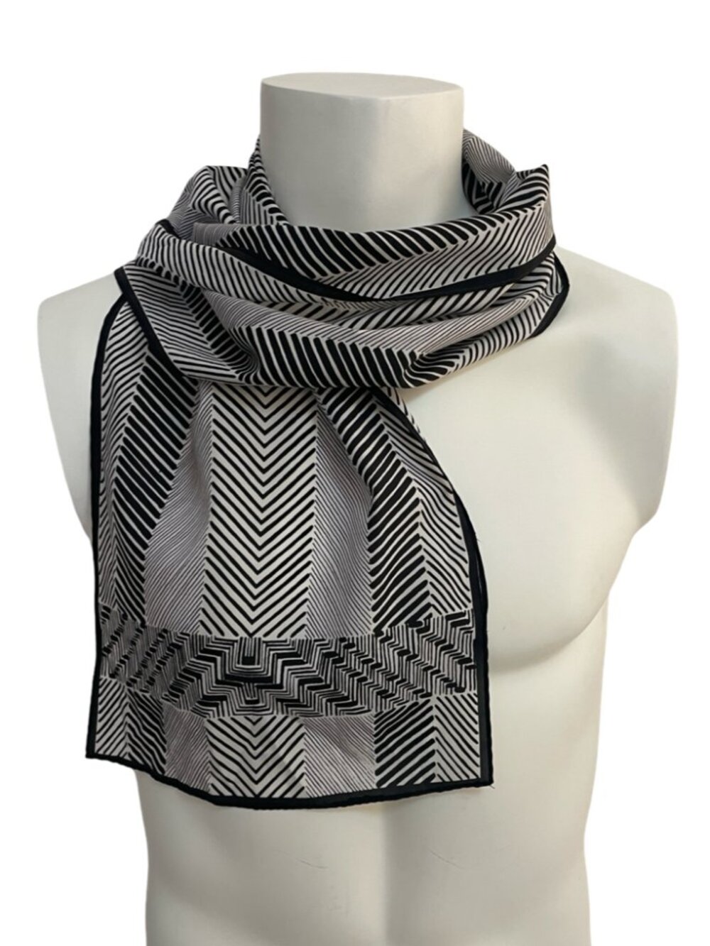 Vera Black & White Geometric Silk Scarf 10 x 46 Modern Graphic Print